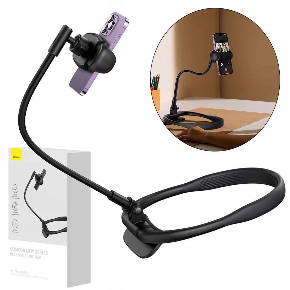 Uniwersalny uchwyt na telefon, na szyję komfortowy, statyw stojak Baseus