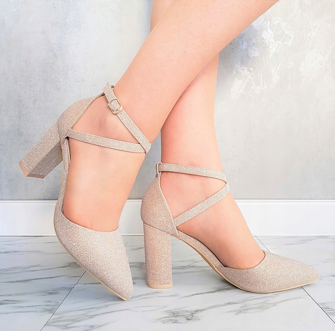 ZŁOTE BROKATOWE PRZEPLATANE BUTY CZÓŁENKA NA SŁUPKU 8 cm 39 Rozmiar 39