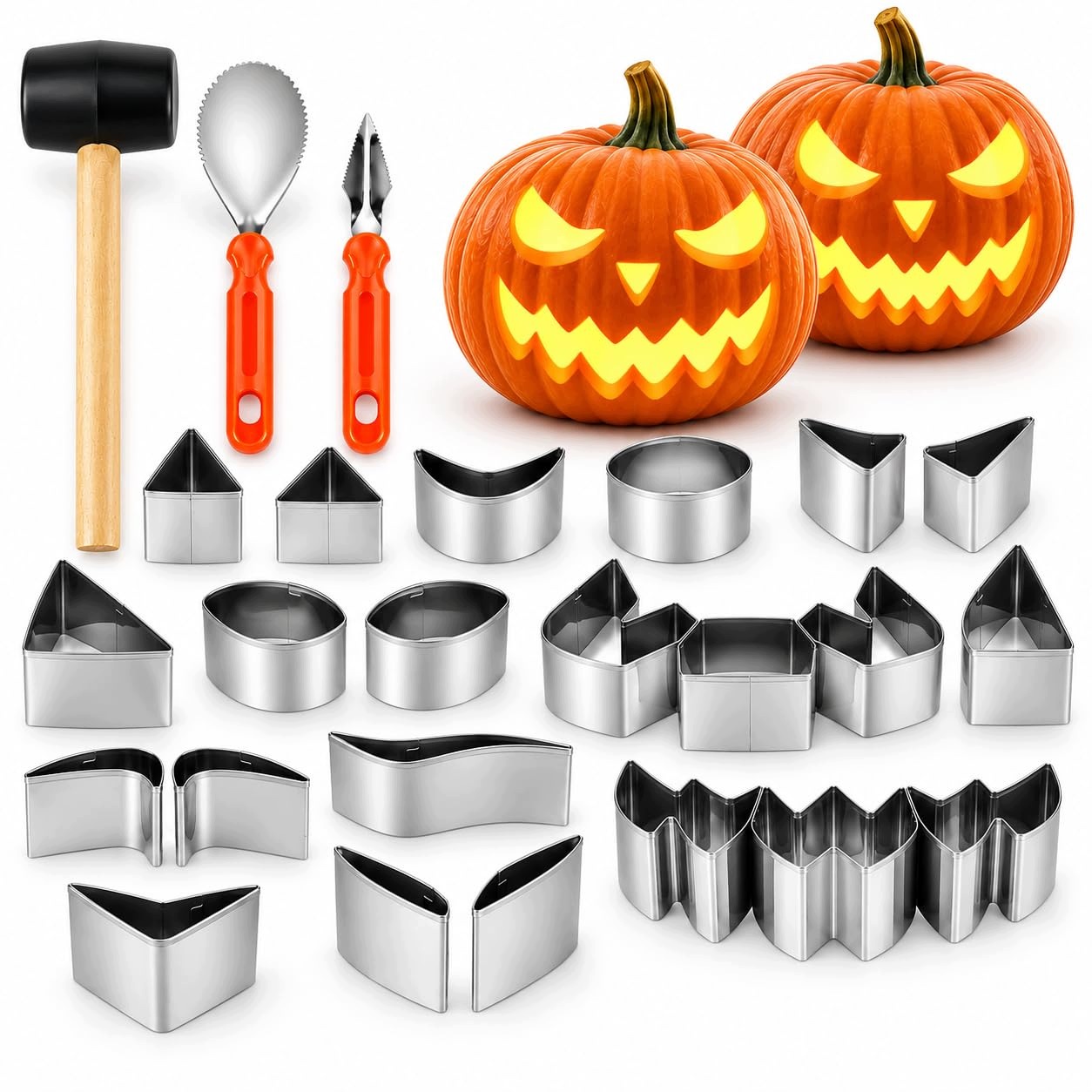 Sada Na Vyřezávání Dýní Halloween 27 Kusů 24 Šablon Kladivo Ocel