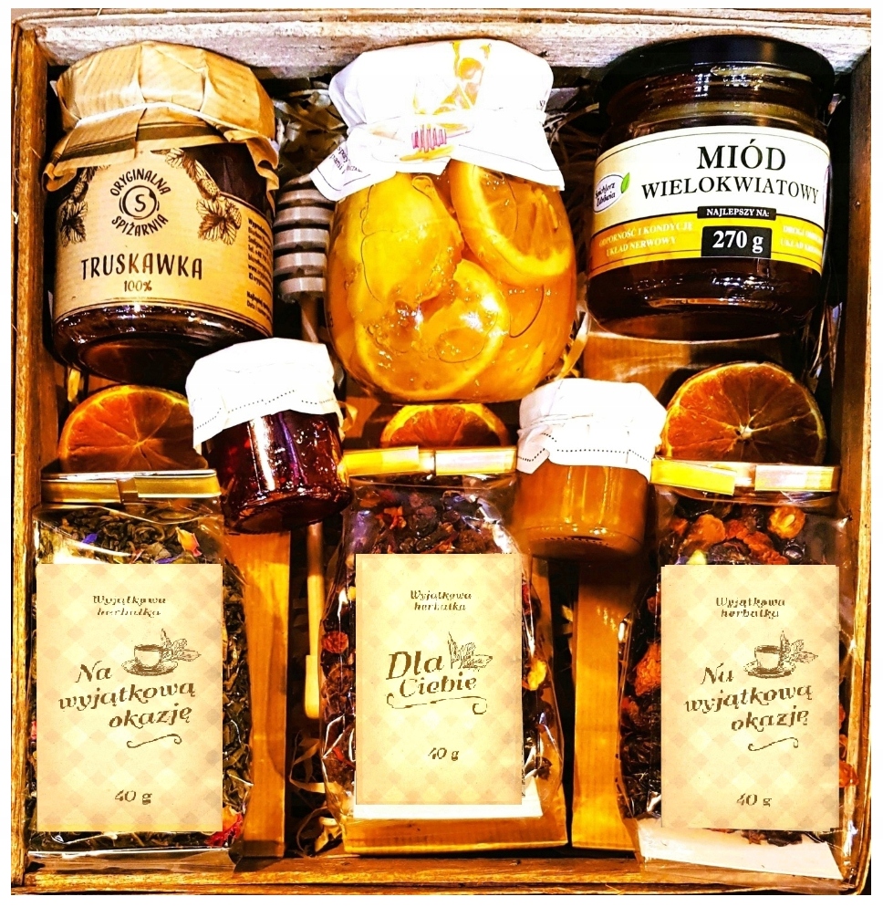 Kosz box Prezentowy Upominek Herbata Miód Konfitura Cytryna Malina