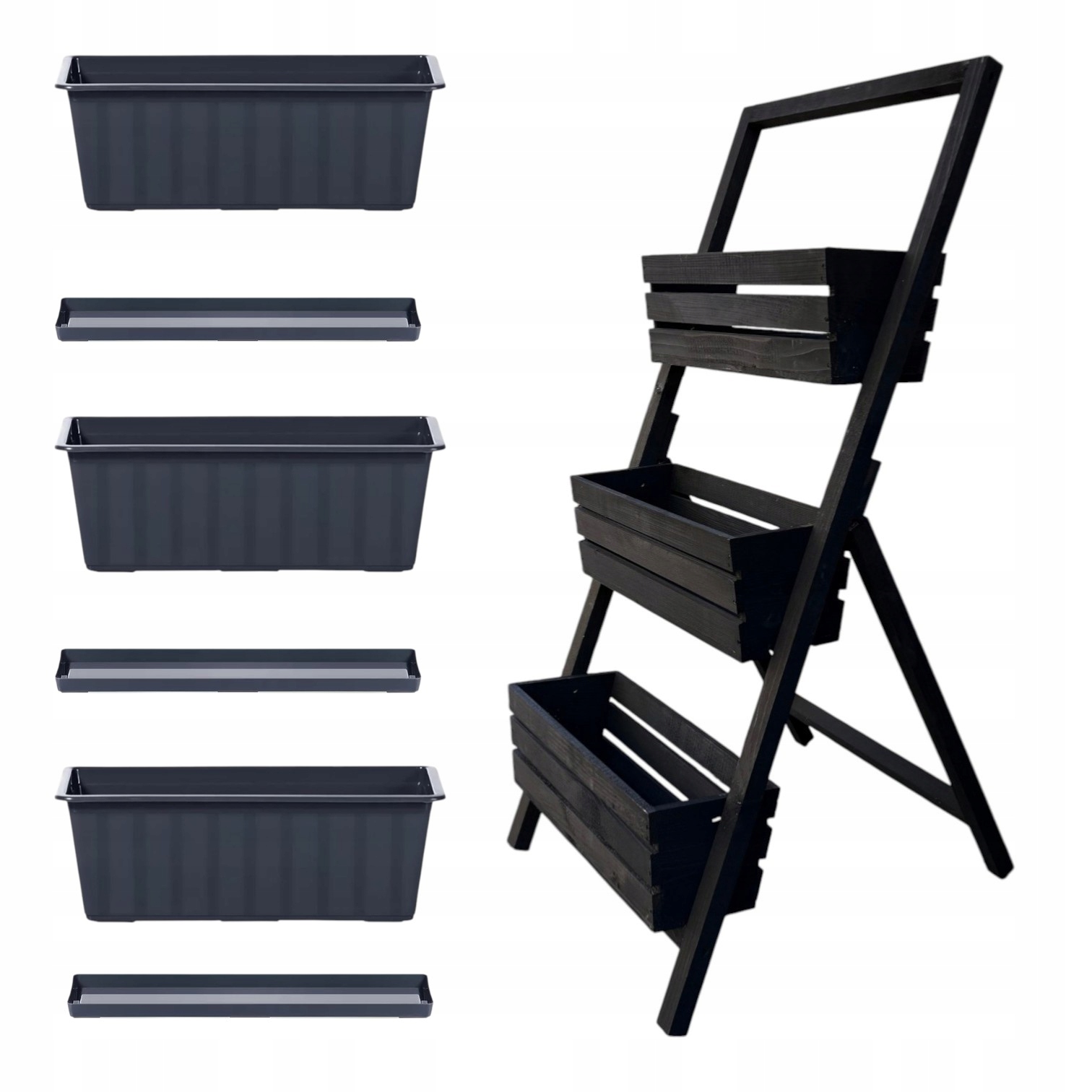 Držák Na Květináč Dřevěný rozkládací stojan na květiny, 3 květináče podstavce, černý