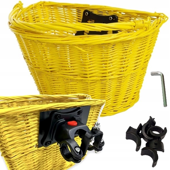Kosz wiklinowy click rowerowy żółty przód koszyk zaczep wypinany zakupy
