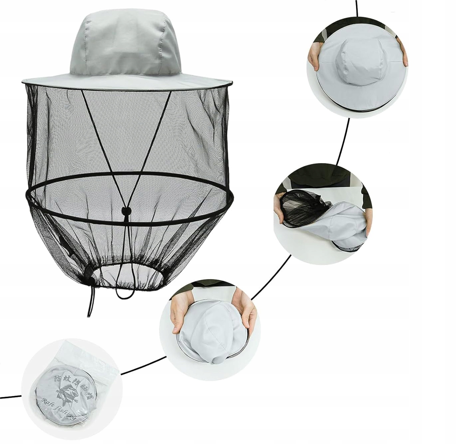 KAPELUSZ Z SIATKĄ NA KOMARY SZARY POLIESTER REGULOWANY NA CAMPING Rozmiar uniwersalny