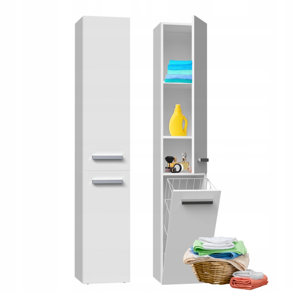 SŁUPEK ŁAZIENKOWY SZAFKA Z PÓŁKAMI REGAŁ Z KOSZEM NA PRANIE BIAŁY SZER. 31