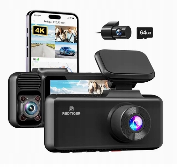 Redtiger F17 Wideorejestrator Kamera Samochodowa 4K Gps WiFi 3 kanały 64GB
