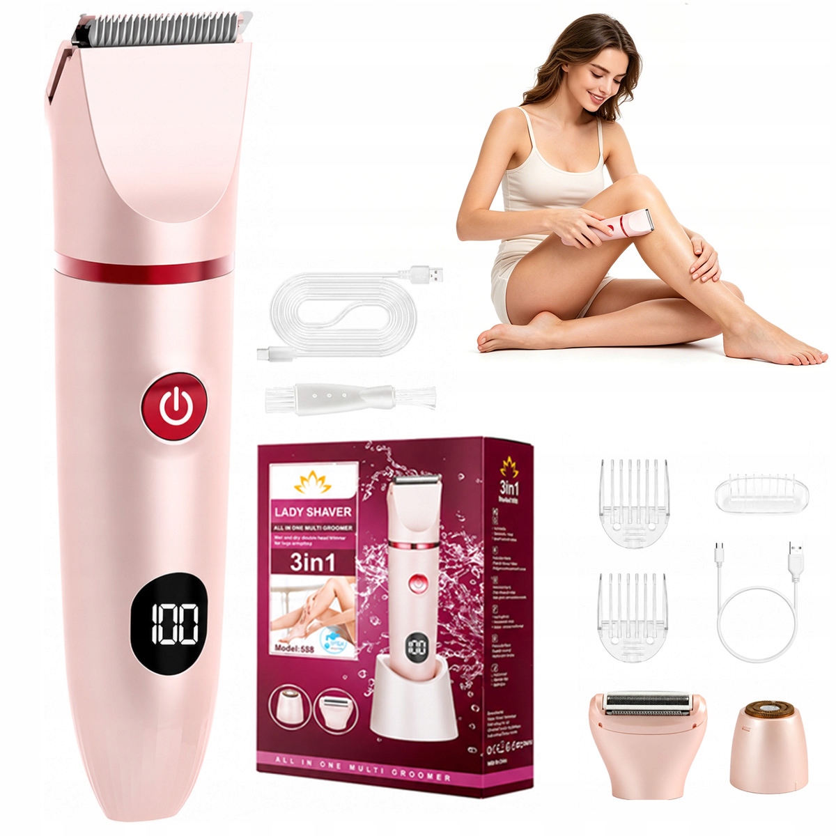 Golarka Damska Depilator Trymer Maszynka Do Miesc Intymnych Brwi Bikini 3w1