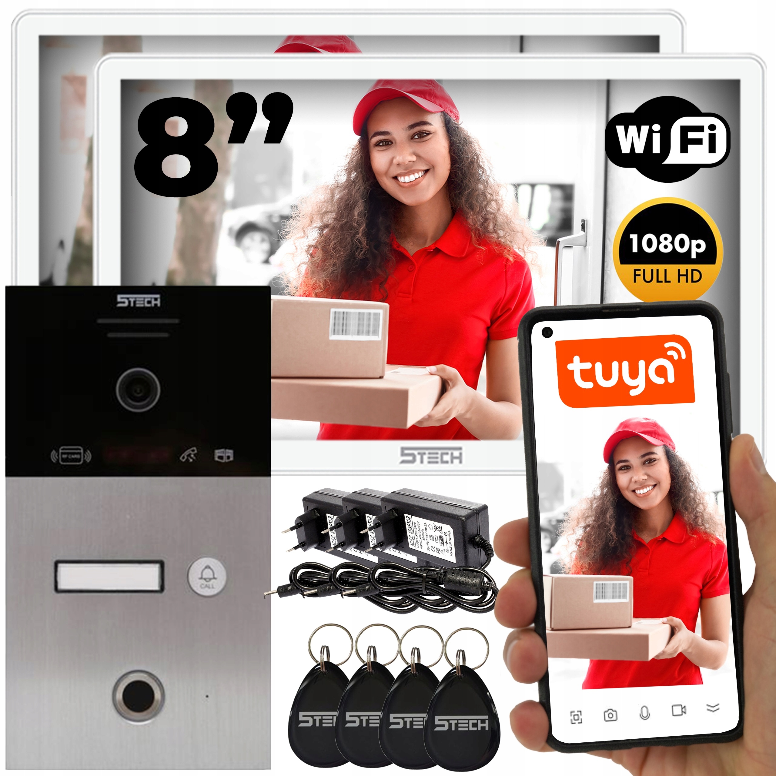 Wideodomofon 5TECH Na 4-ŻYŁY Podtynkowy 2 Monitory 8'' WiFi Odcisk Palca
