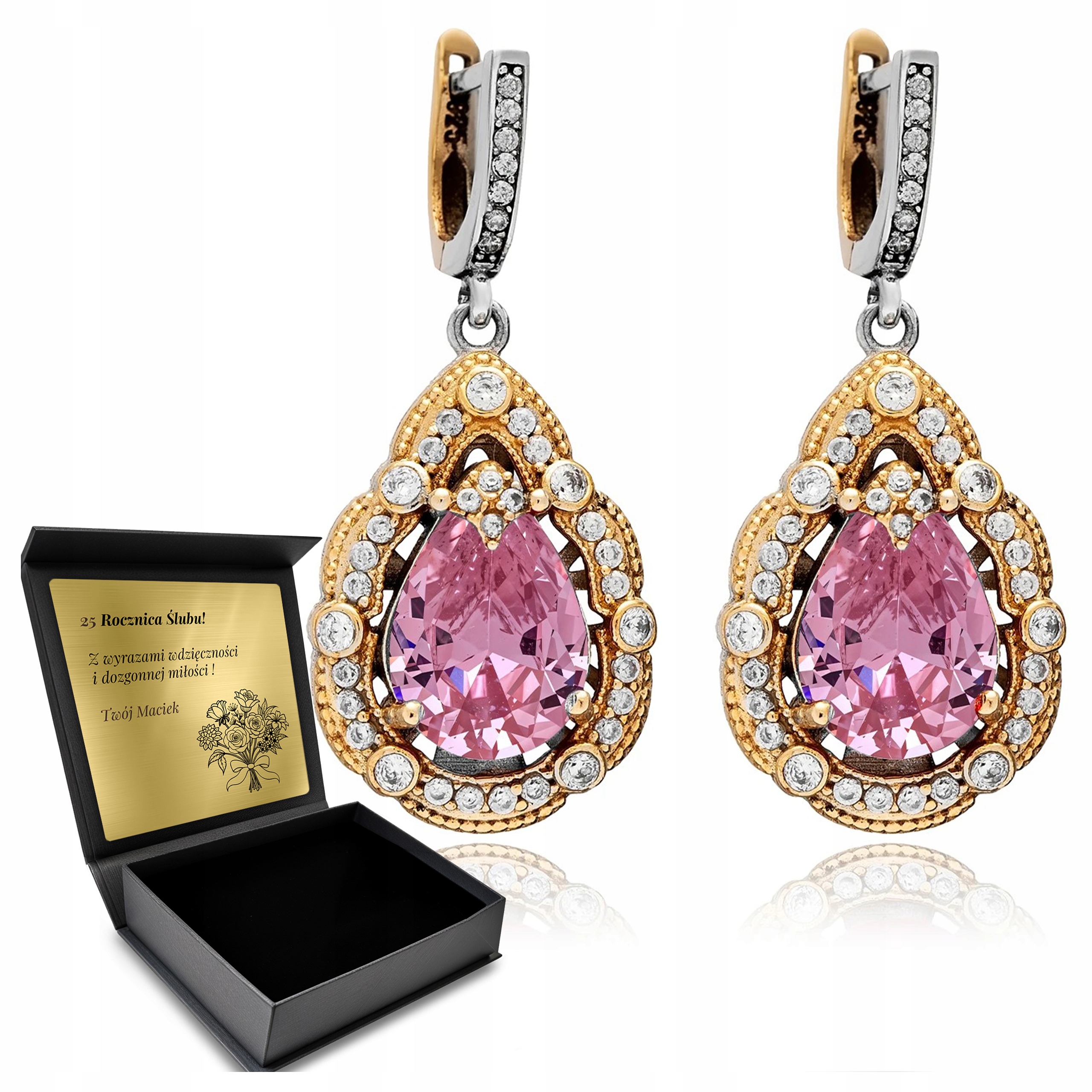 Stříbrné Náušnice 925 Zirkony Topaz Dárek pro ženu Gravírování Bonus