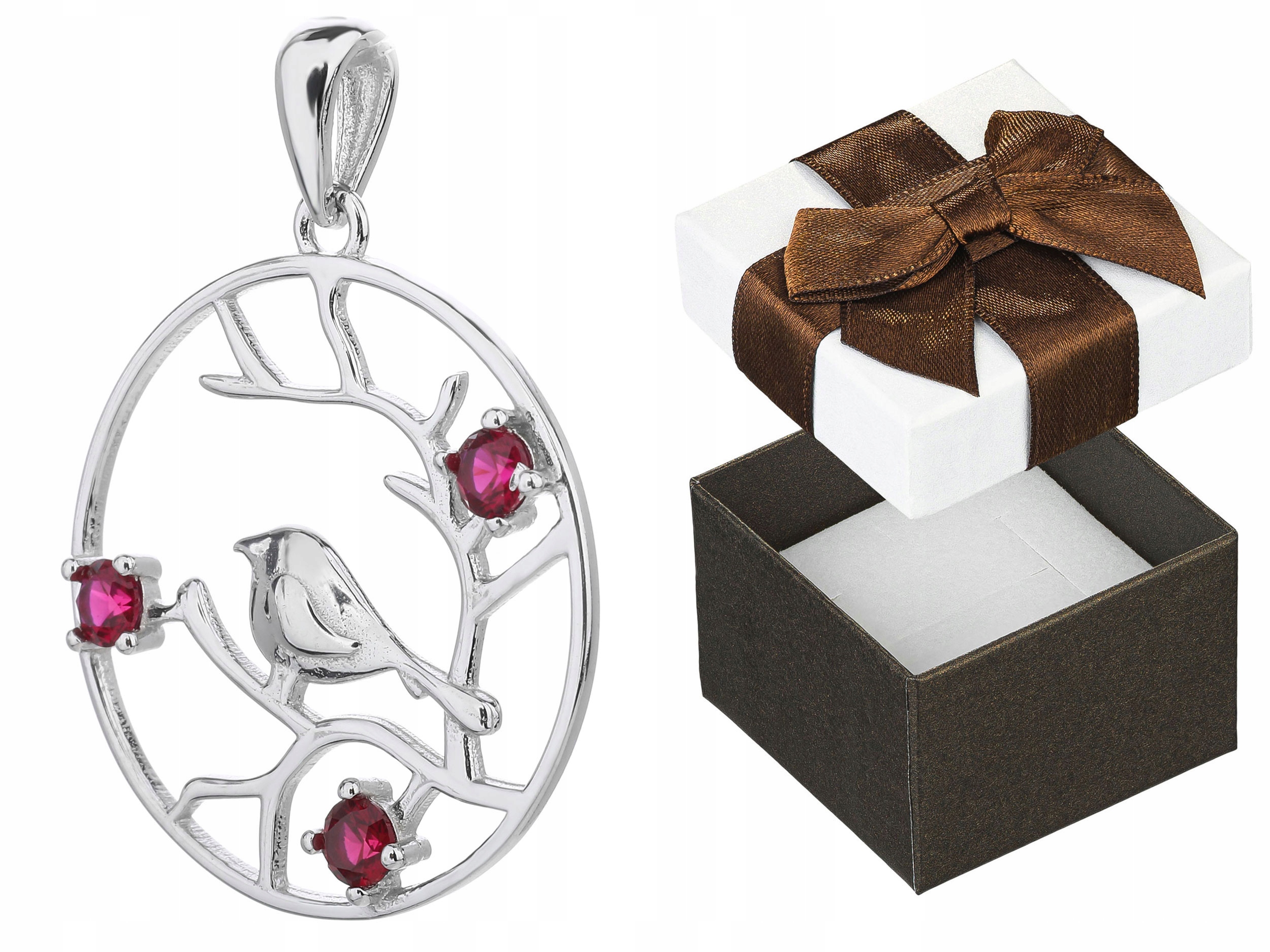 Stříbrný kulatý přívěsek se zirkony Rhodiovaný Přívěsek Pták na větvičce