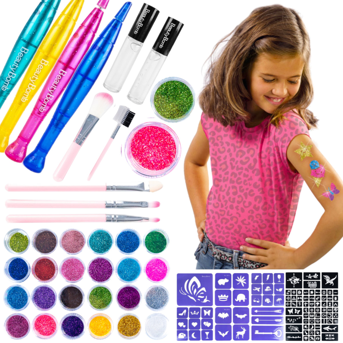 TATUAŻE DUŻY ZESTAW DO ROBIENIA TATUAŻY SZABLONY BROKATY WZORY KOLORY Materiał plastik