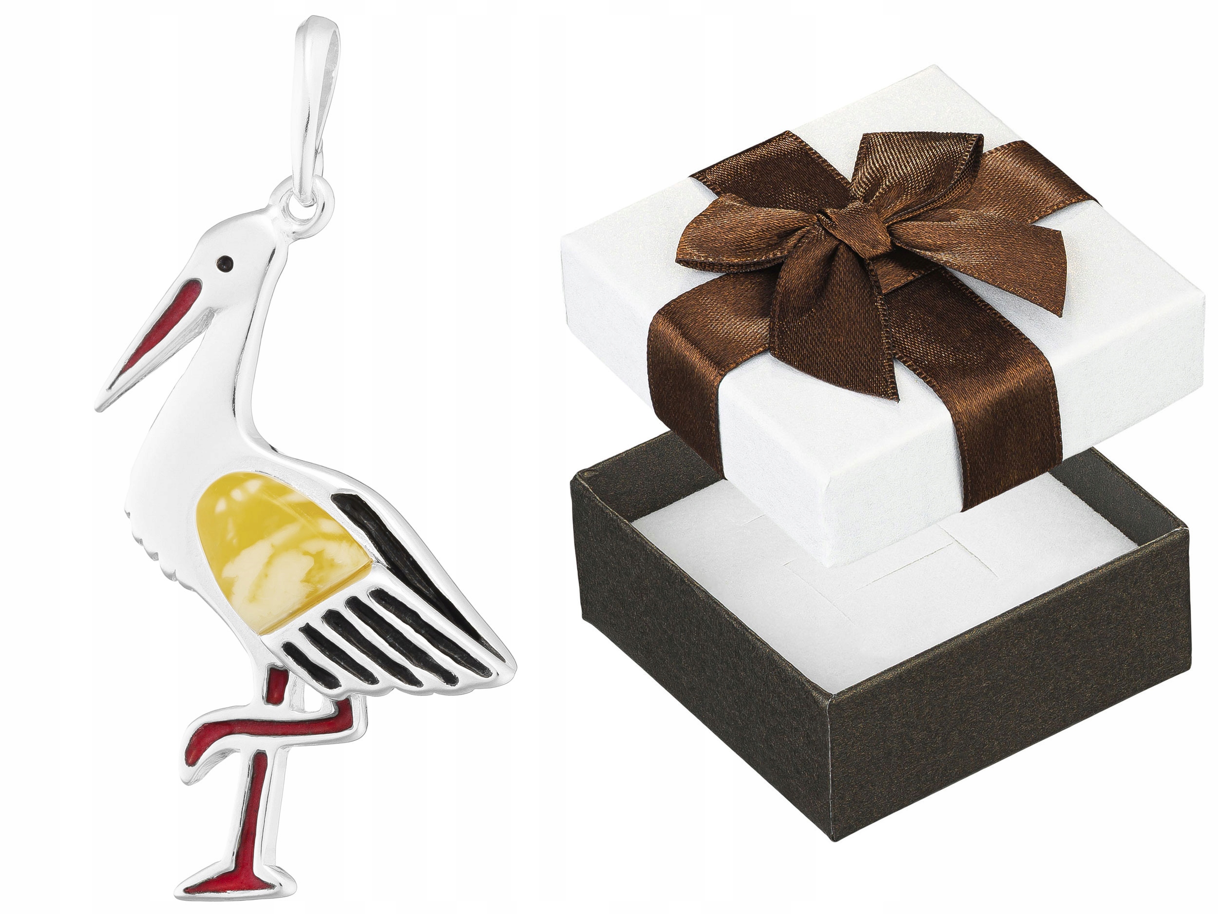 Stříbrný přívěsek Čáp s jantarem Dámský Přívěsek Stříbrný Pták Smalt