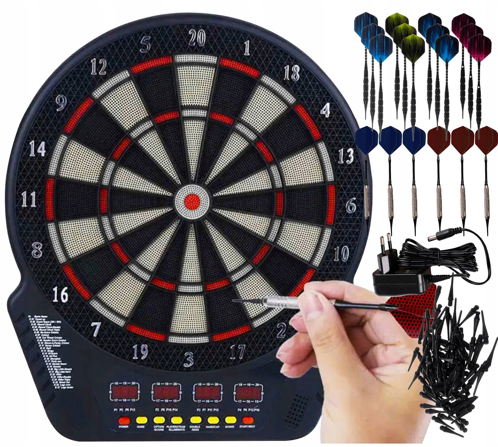 TARCZA ELEKTRONICZNA DO GRY W DARTA ZASILACZ 230V + 12 RZUTEK i 100 GROTÓW
