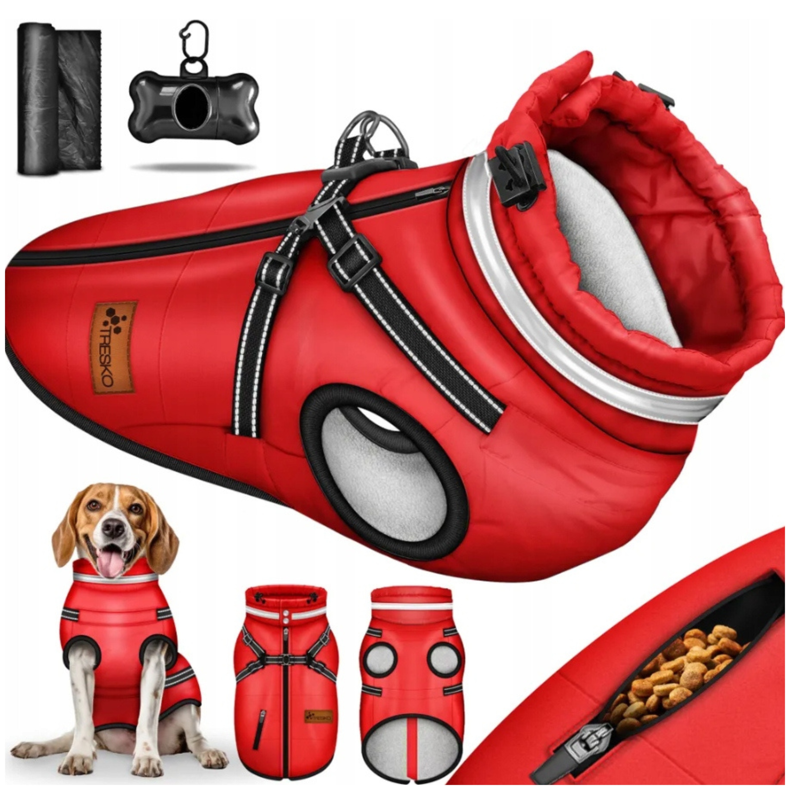 Levně Tresko Zimní bunda pro psa s postrojem a odrazkami Červená Velikost XL