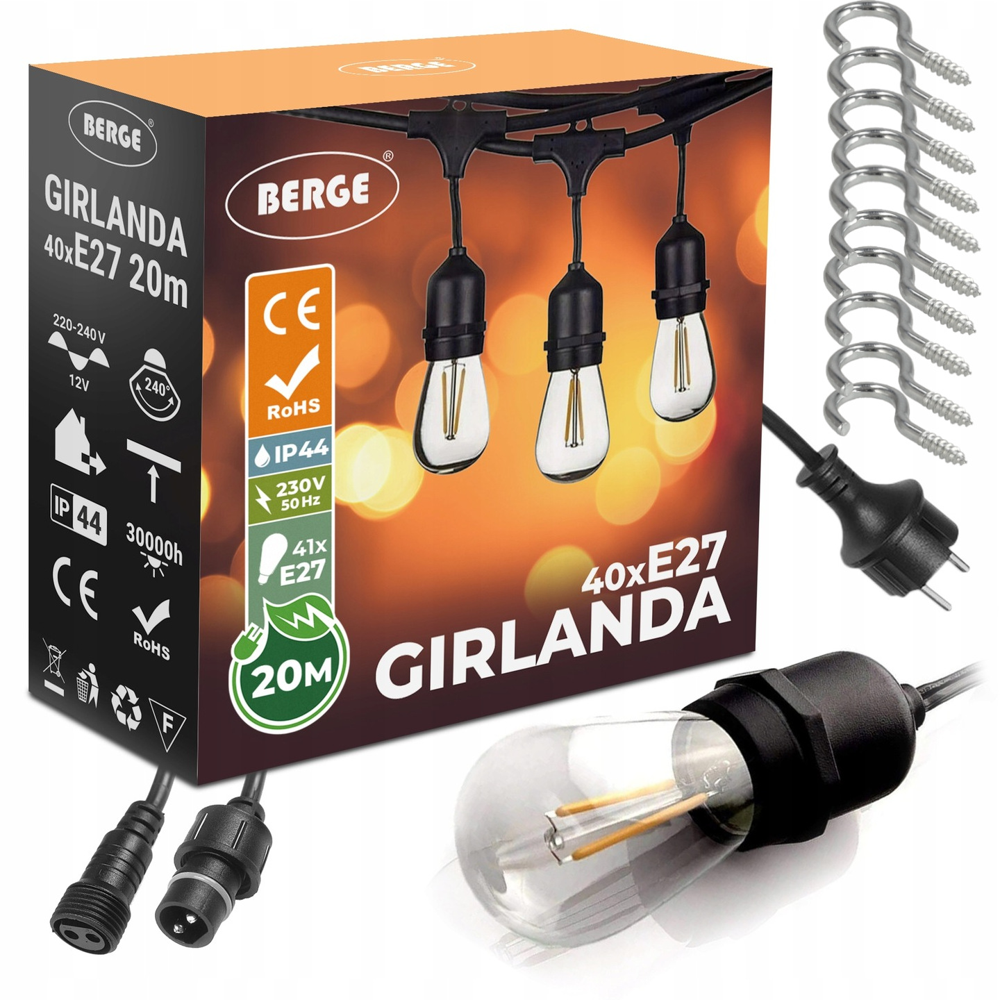 

Girlanda ogrodowa świetlna 20m+41x Żarówka Led 1W