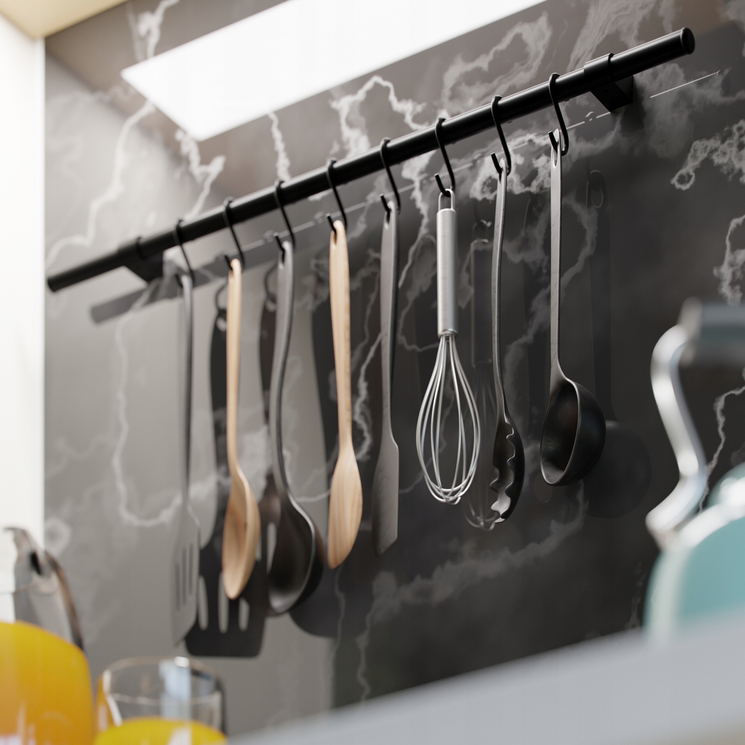 CZARNY RELING KUCHENNY 60CM + 6 NIESPADAJĄCYCH HACZYKÓW Kolor czarny