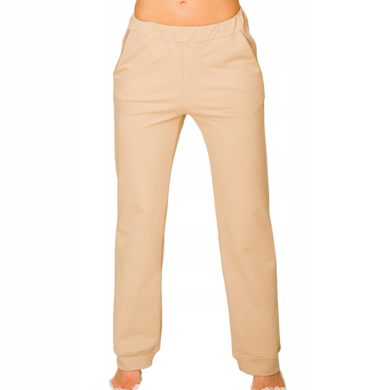 Dámské Teplákové Kalhoty Maio L Béžové Teplákovka z bavlny, 2 kapsy, dlouhý střih