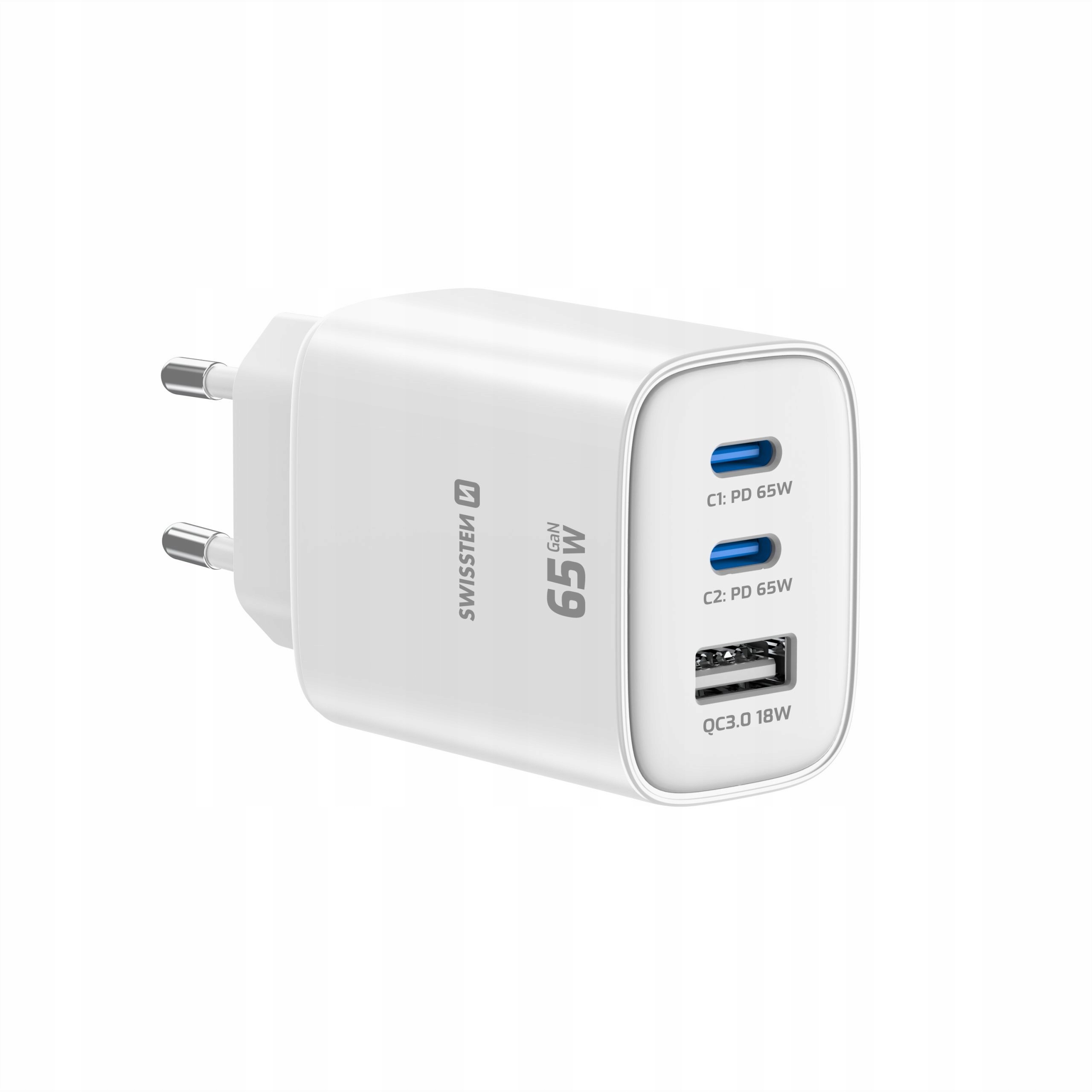 Swissten Síťová nabíječka GaN Adapter 2x Usb-c 65W Pd Usb-a 18W bílá