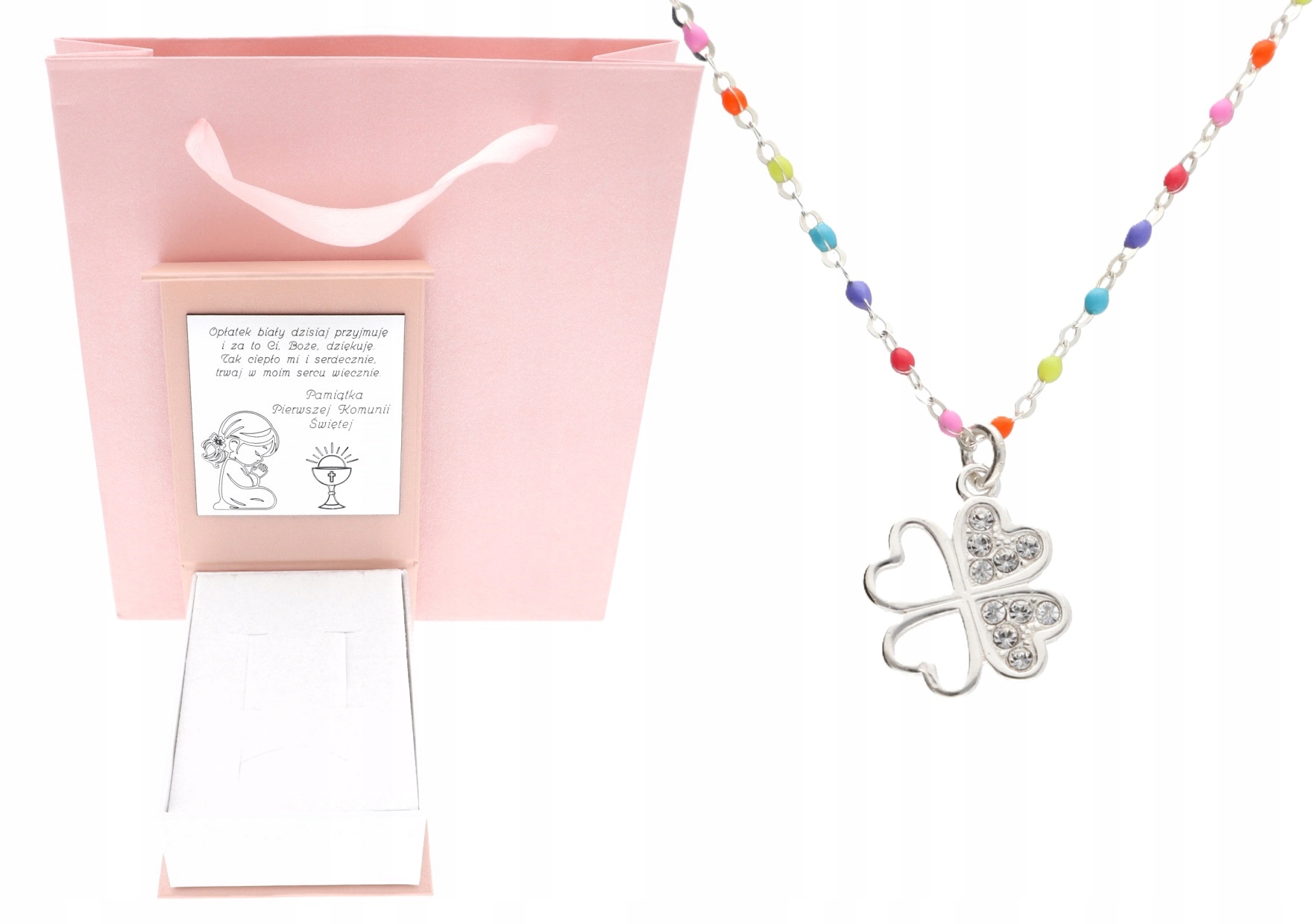 Stříbrný barevný náhrdelník s jetelem pro štěstí Svaté Přijímání Vánoce 45 cm