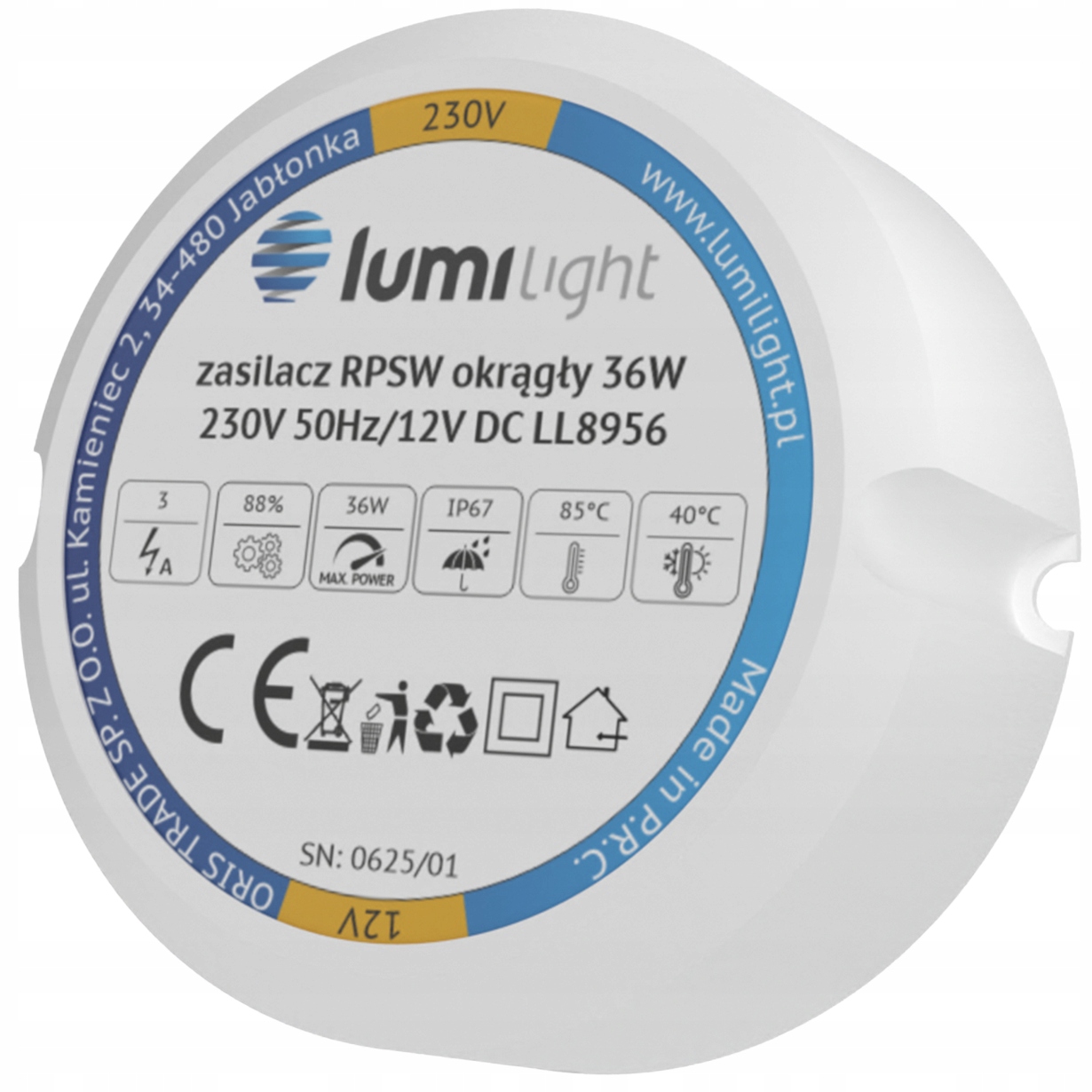 LUMILIGHT ZASILACZ DOPUSZKOWY LED DO PUSZKI INSTALACYJNEJ IP67 3A 36W 12V