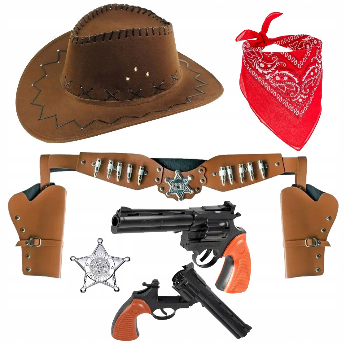 ZESTAW STRÓJ KOWBOJ KAPELUSZ DZIECIĘCY BANDAMA KABURA 2 REWOLWERY ODZNAKA