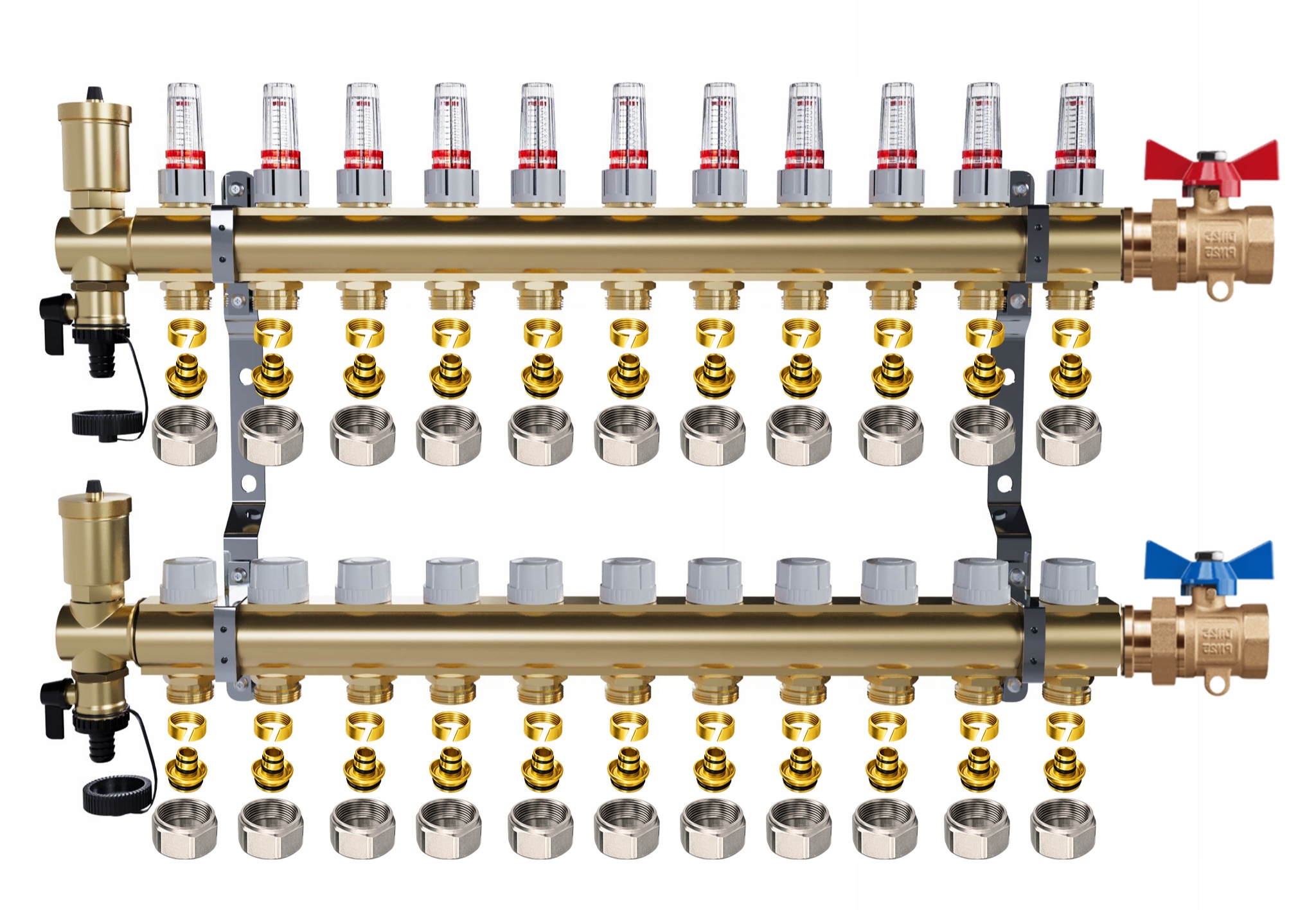 Rozdělovač pro podlahové vytápění – 11 okruhů jednoduché ventily Pex