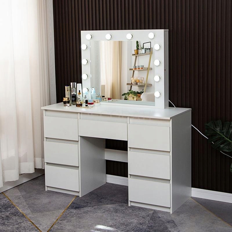 TOALETKA KOSMETYCZNA BIAŁA Z LUSTREM I TABORETEM 12 ŻARÓWEK LED REHA XL Szerokość mebla 45 cm