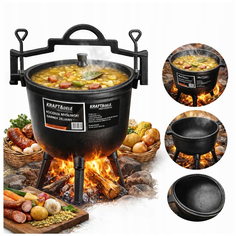 Lovecký Kotlík Litinový Hrnec 4L Nožky Držák Svorky Kraftdele Pevný