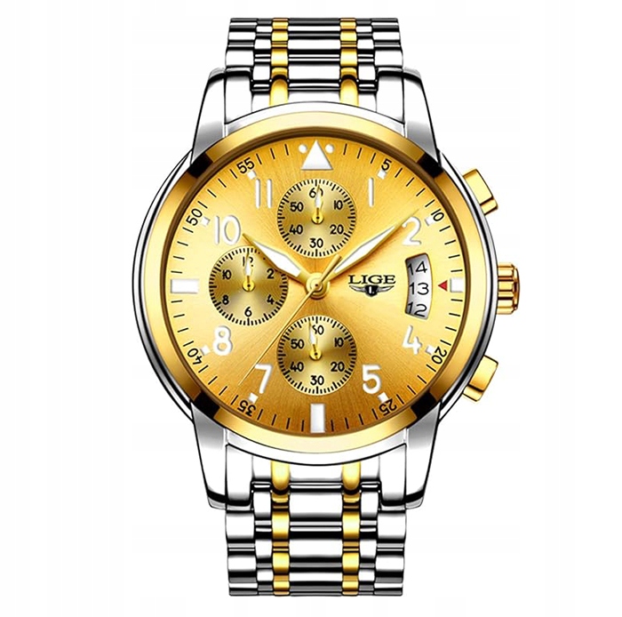 Pánské hodinky Lige náramek černý zlatý chronograf datumovka