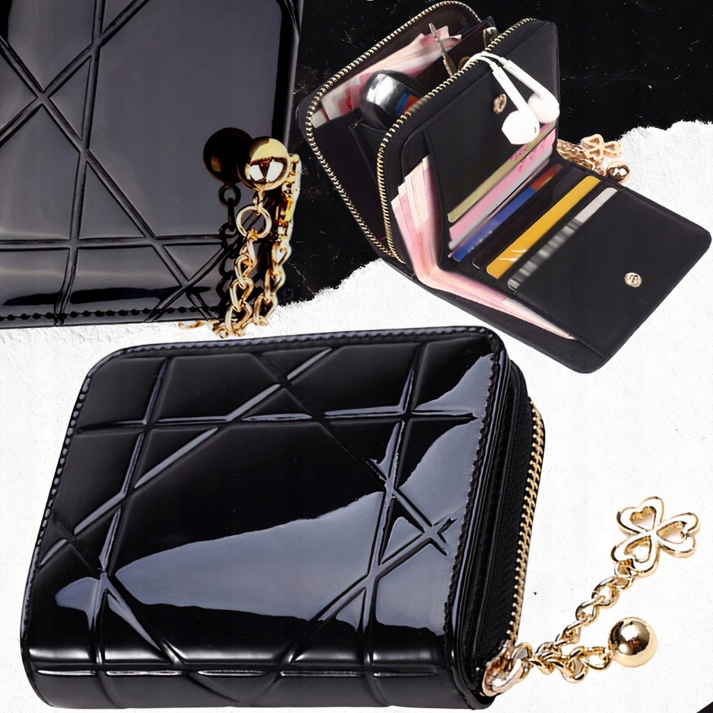 PORTFEL Damski CZARNY Pikowany Lakierowany mały Kolor czarny