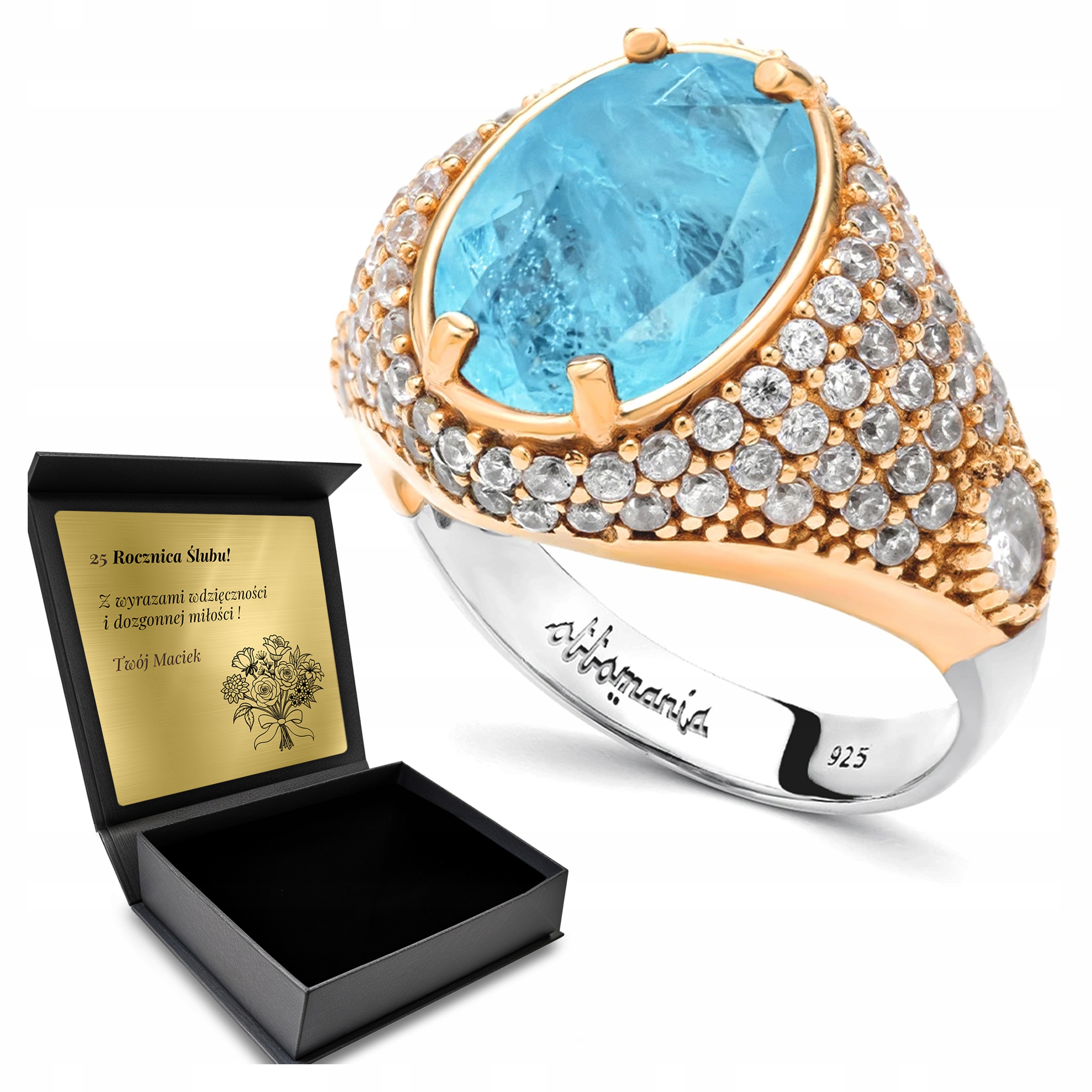 Prstýnek Srebnry 925 Zirkony Turmalin Dárek na Valentýna Gravírování