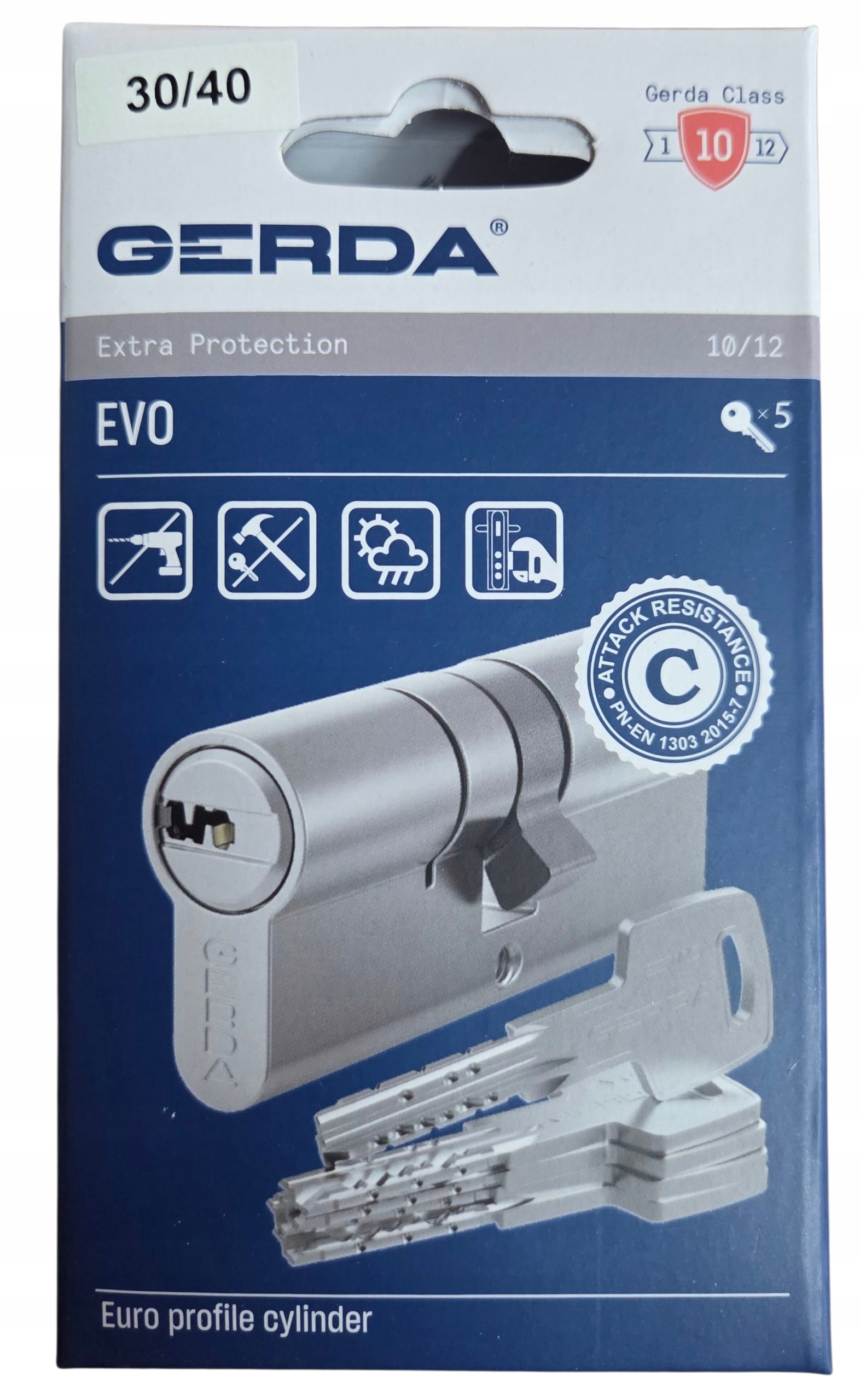 Wkładka Gerda Evo antywłamaniowa klasa C 30/40 Nikiel Satyna 5 kluczy