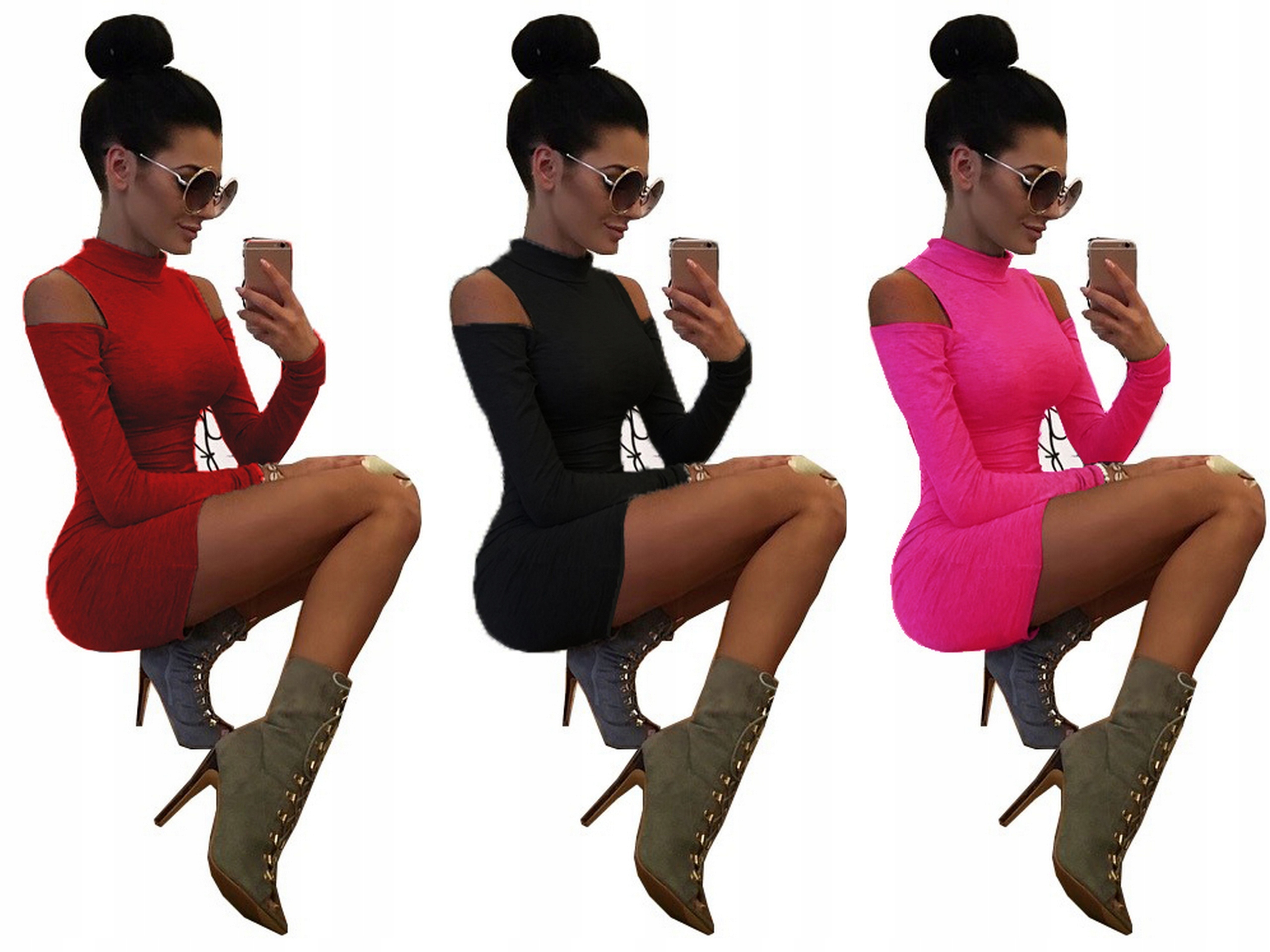 Czarna SUKIENKA Damska pół GOLF Ołówkowa ODKRYTE RAMIONA S/M Dekolt półgolf