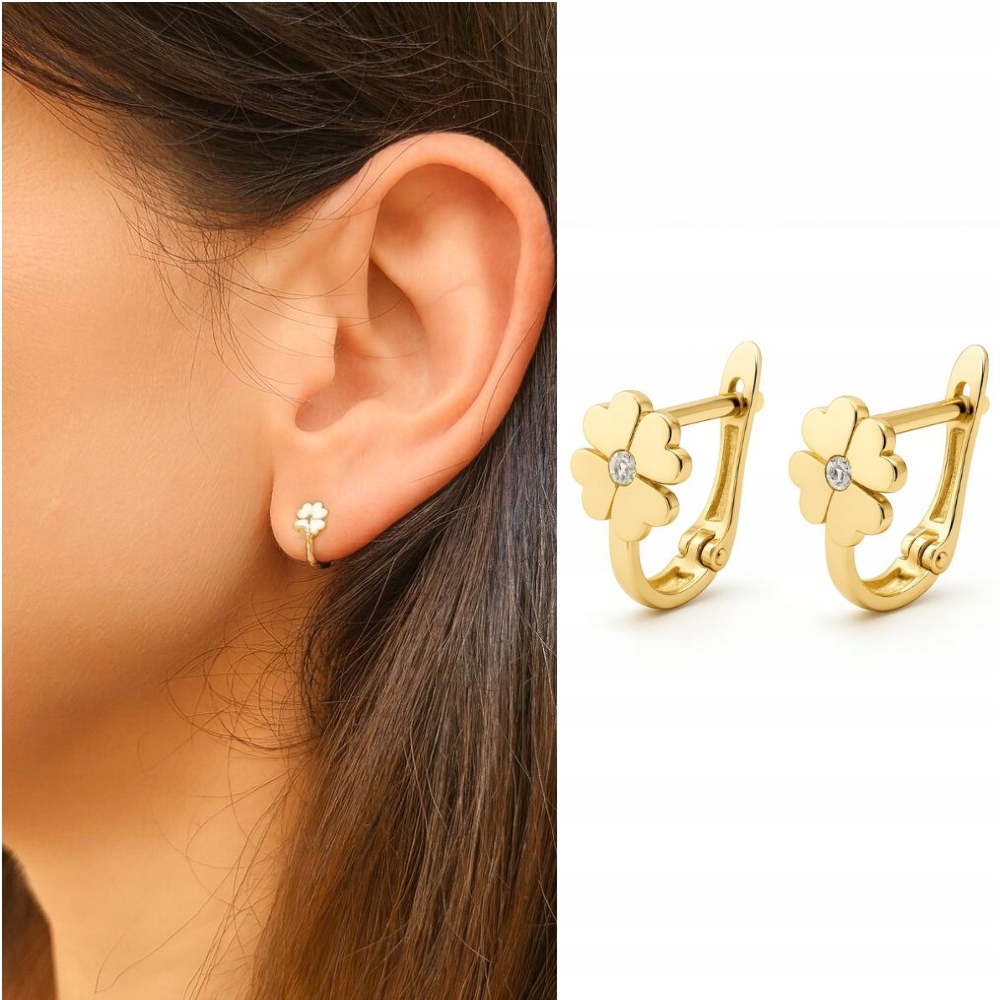 Złote Kolczyki Koniczynki 333 Z Cyrkonią Na Angielskim Zapięciu Dziewczęce
