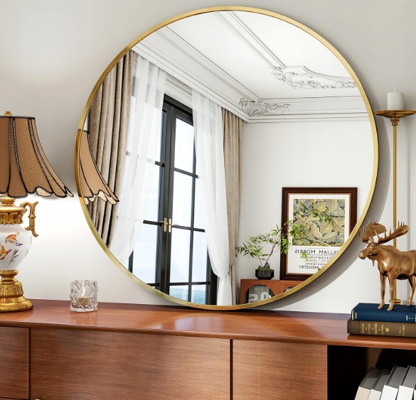 Okrúhle zrkadlo 91 cm, zlatý kovový nástenný rám Koonmi