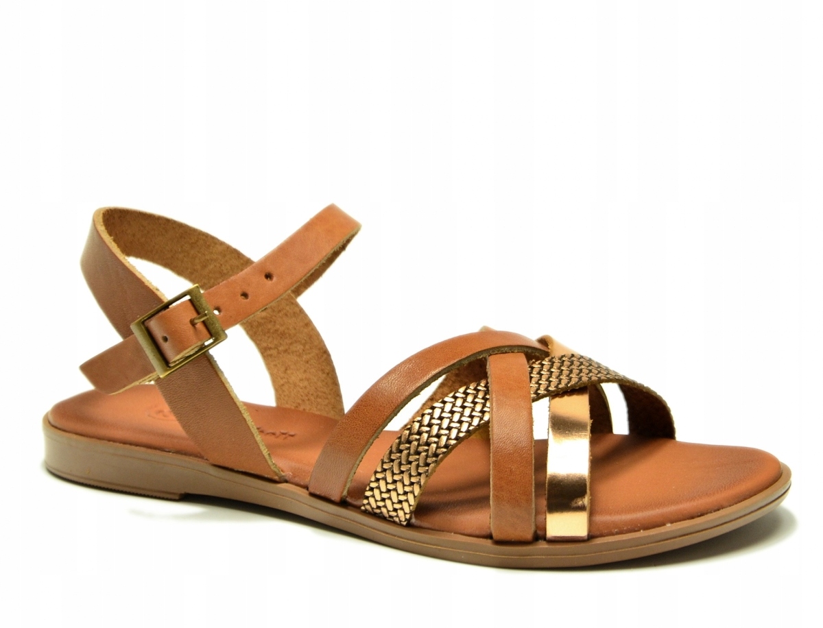 Sandałki damskie skóra 37 brązowe 64008 skórzane Cambell złote