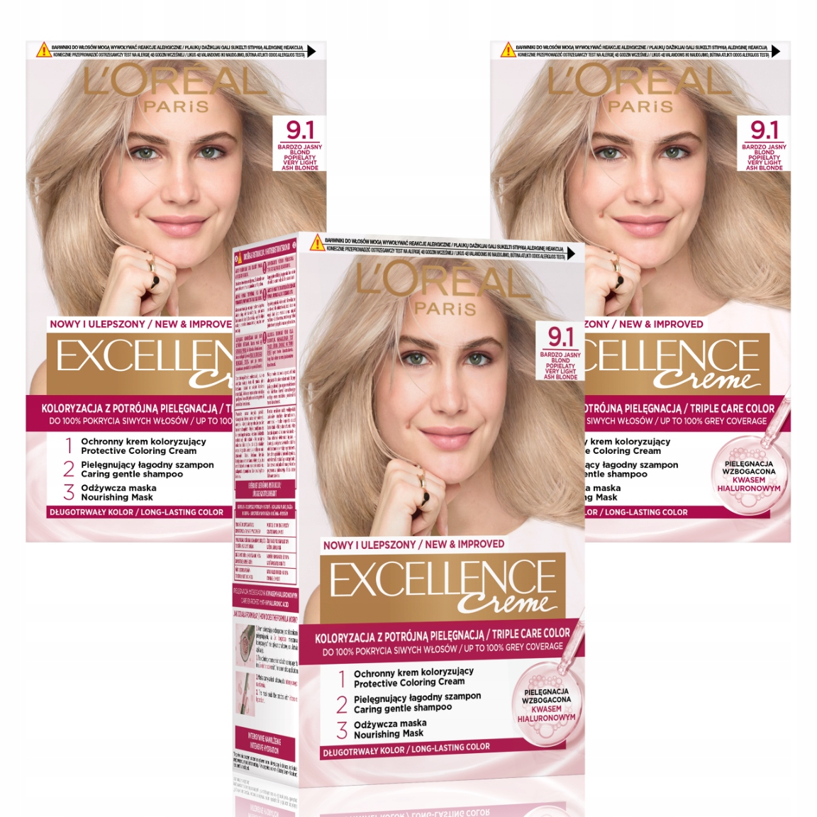 Zestaw 3x L'Oréal Excellence Farba Do Włosów 9.1 Bardzo Jasny Blond Popiel