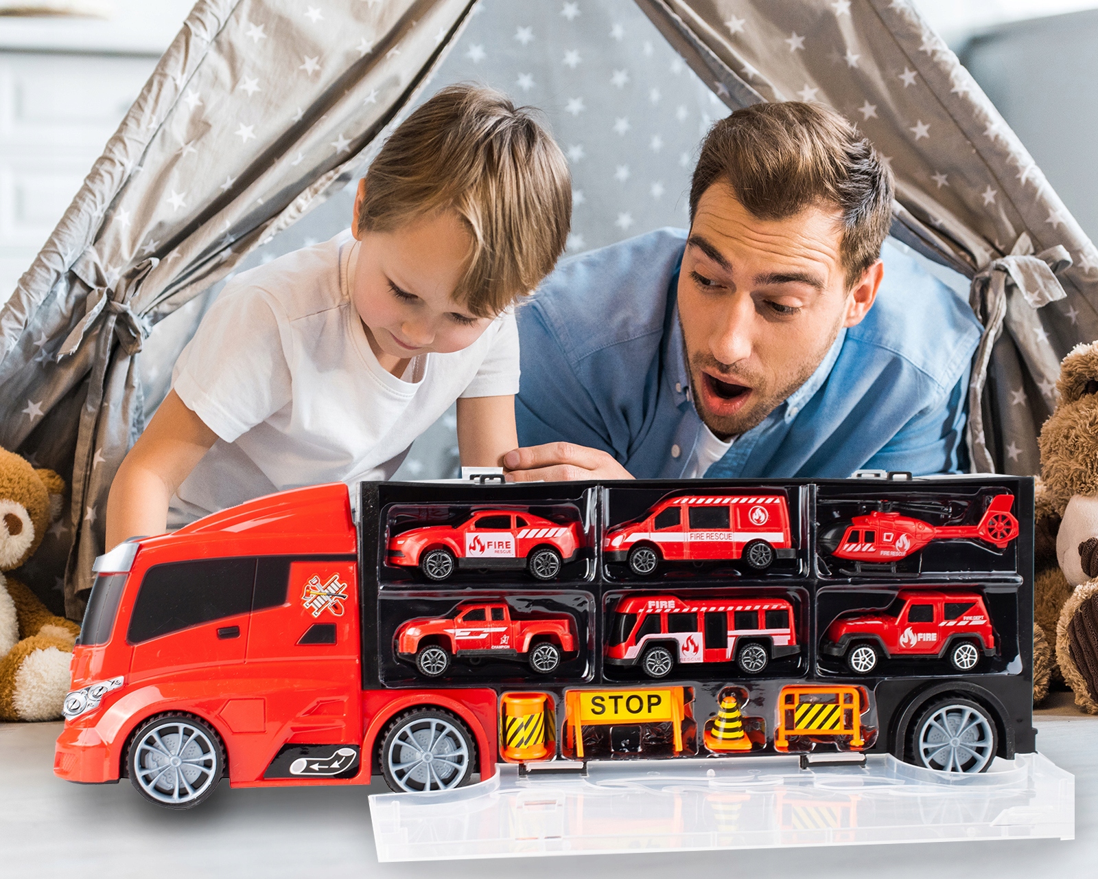 CIĘŻARÓWKA LAWETA STRAŻ POŻARNA AUTA HELIKOPTER WÓŻ STRAŻACKI TRANSPORTER Marka MalPlay