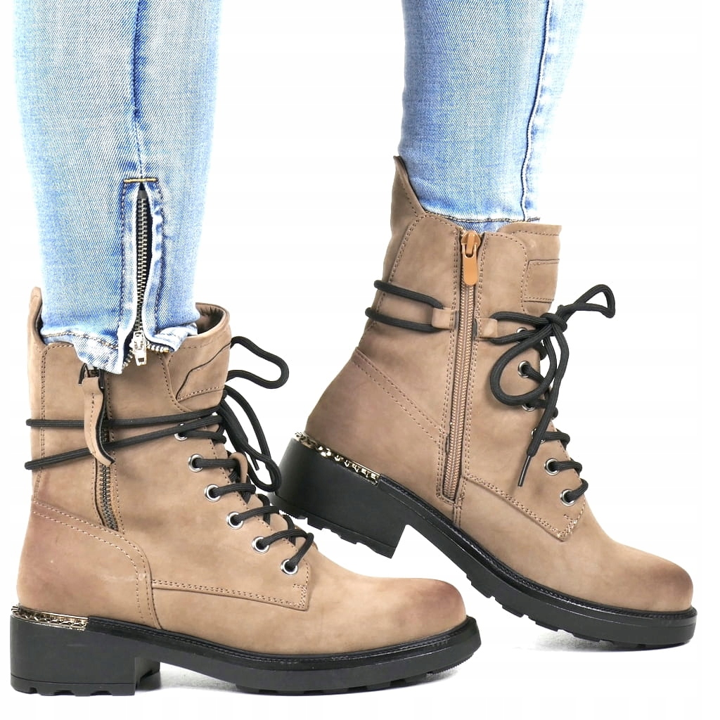 iButy Kotníkové Boty Workery Na Ploché Podrážce Traperze Khaki Béžové Teplé 37