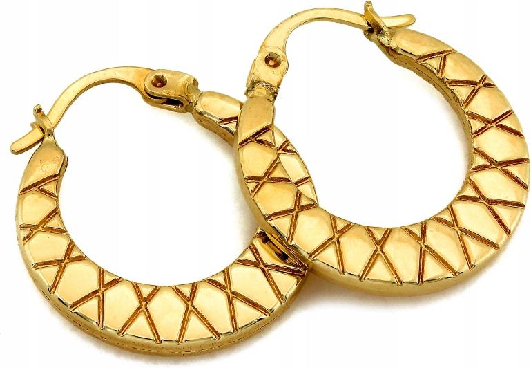 Náušnice zlaté 585 kruhy rozšířené zdobené ideální jako dárek 14K dárek
