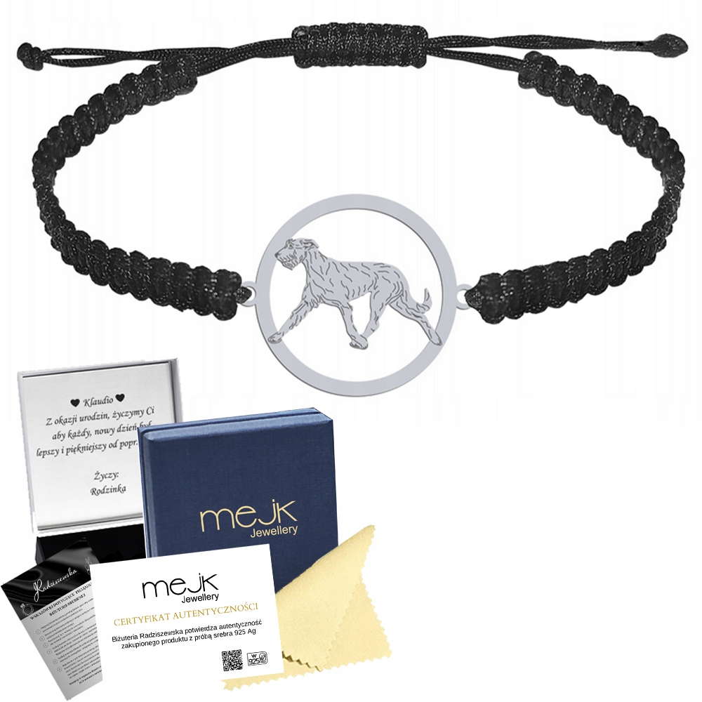 Stříbrný náramek s psem Irský vlkodav 925 Makramé Gravírování Bonus