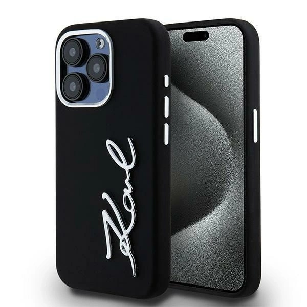 Pouzdro Karl Lagerfeld Silicone Metal Script Logo pro iPhone 15 Pro Max černé