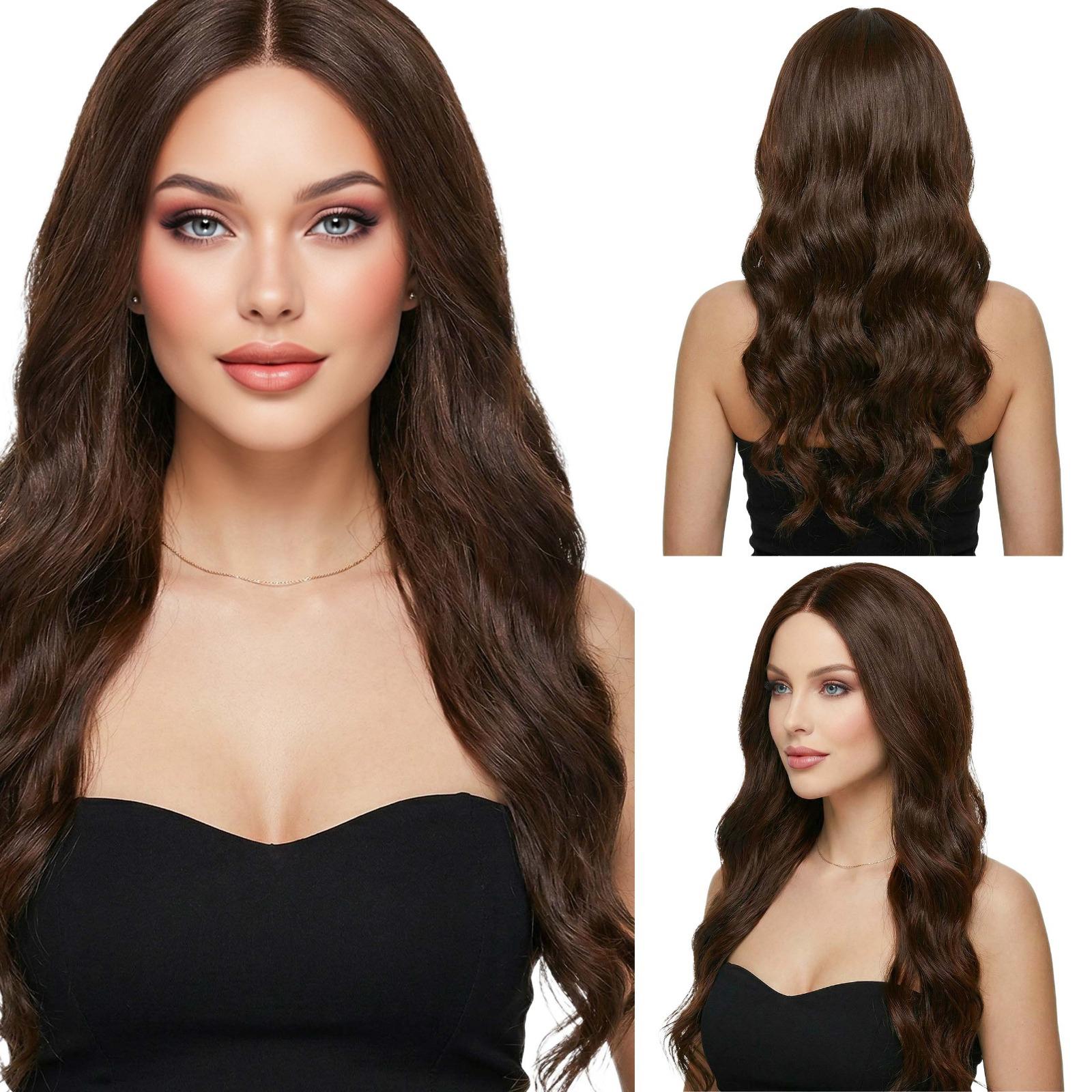 Peruka syntetyczna włosy sztuczne Top Lace długa lekka fale brązowa