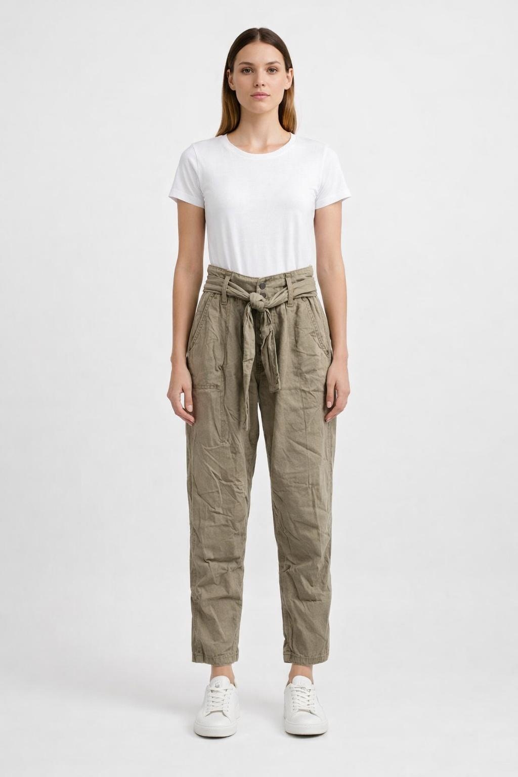 Pepe Jeans Khaki Trubkové Kalhoty Se Zavazovacím Páskem Len Bavlna Xs Awa