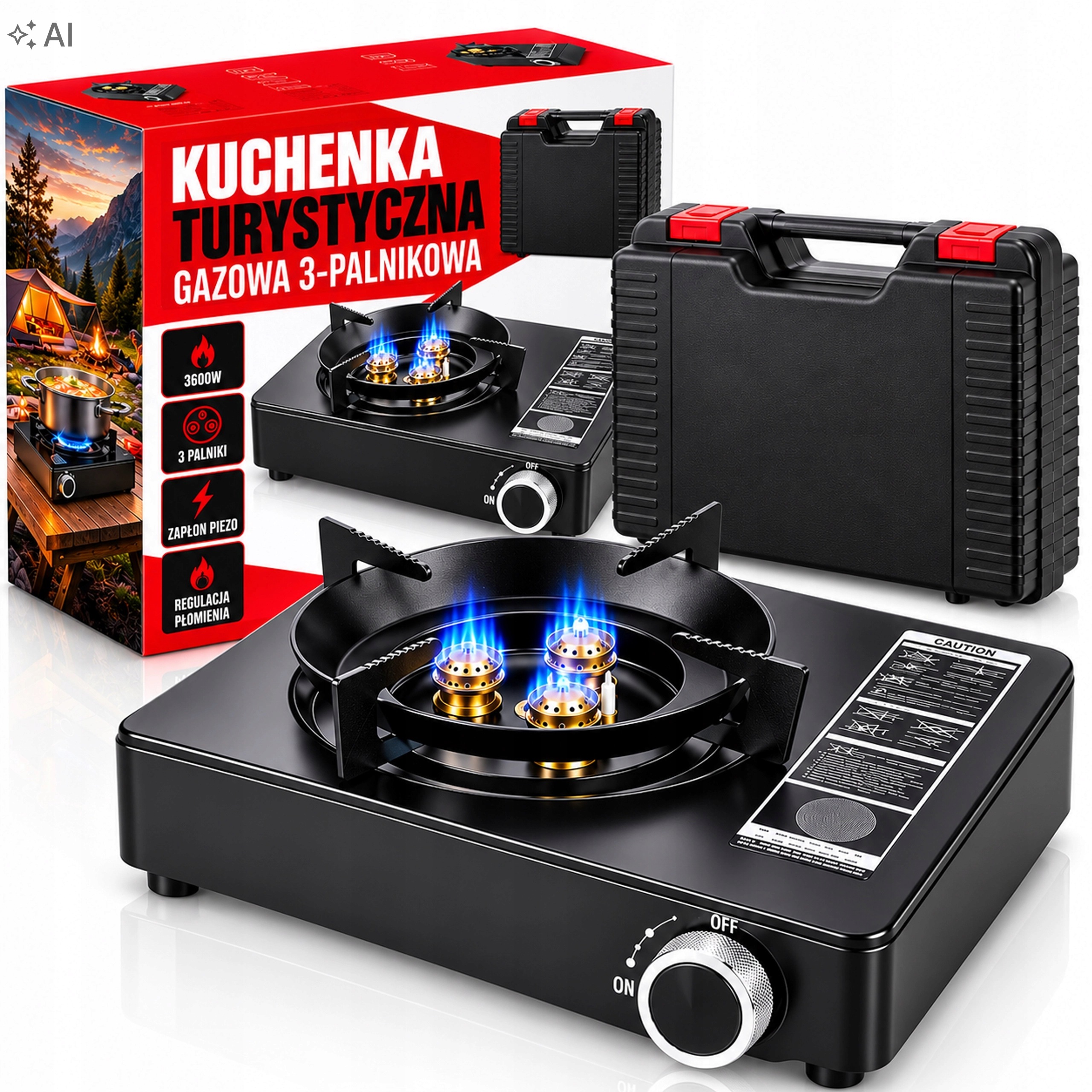 Turistický plynový vařič 3-plotýnkový 3600 W s piezo zapalováním a kufříkem