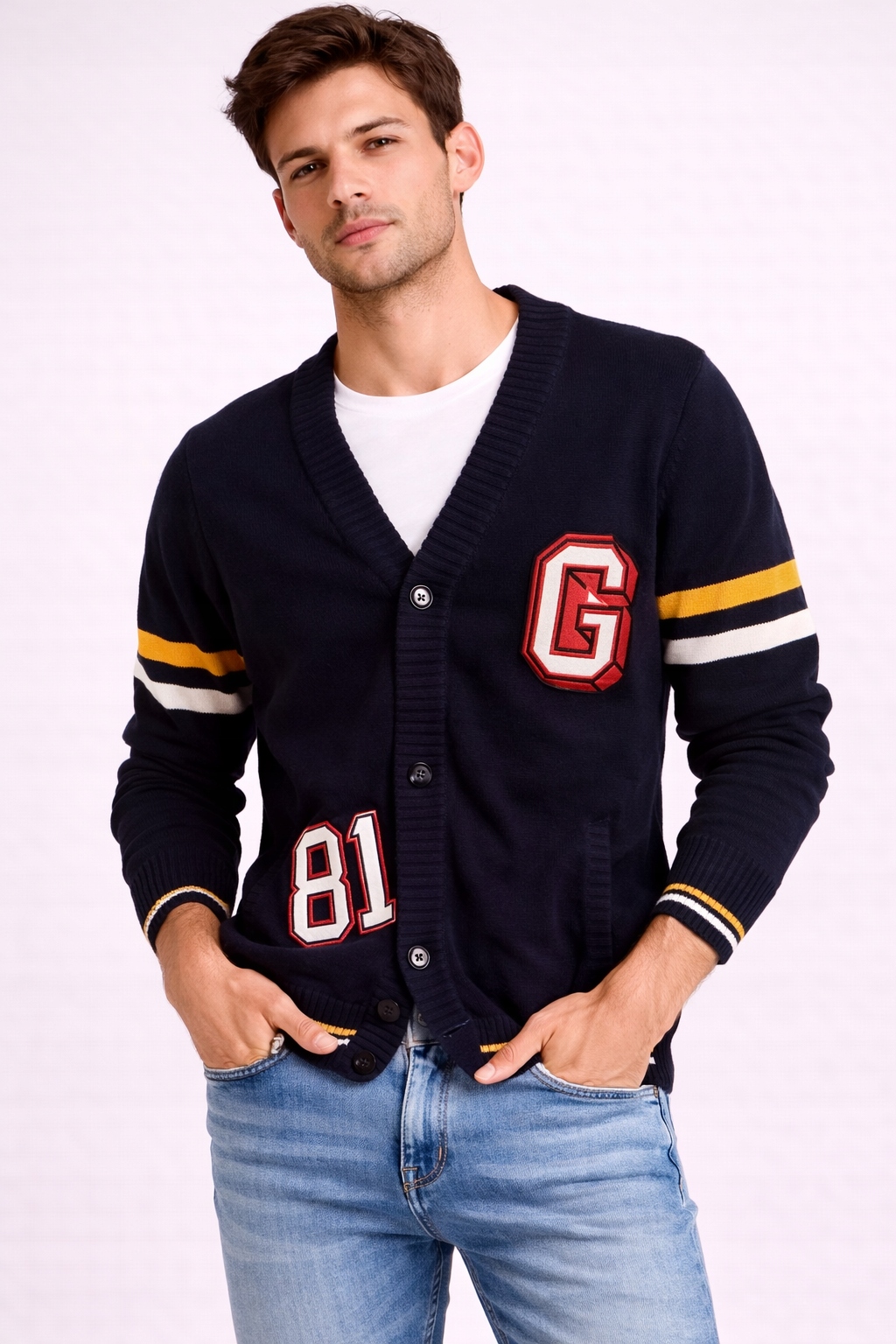Guess Modrý Pánský Rozepínací Svetr S Aplikacemi 81 G Xs Gga