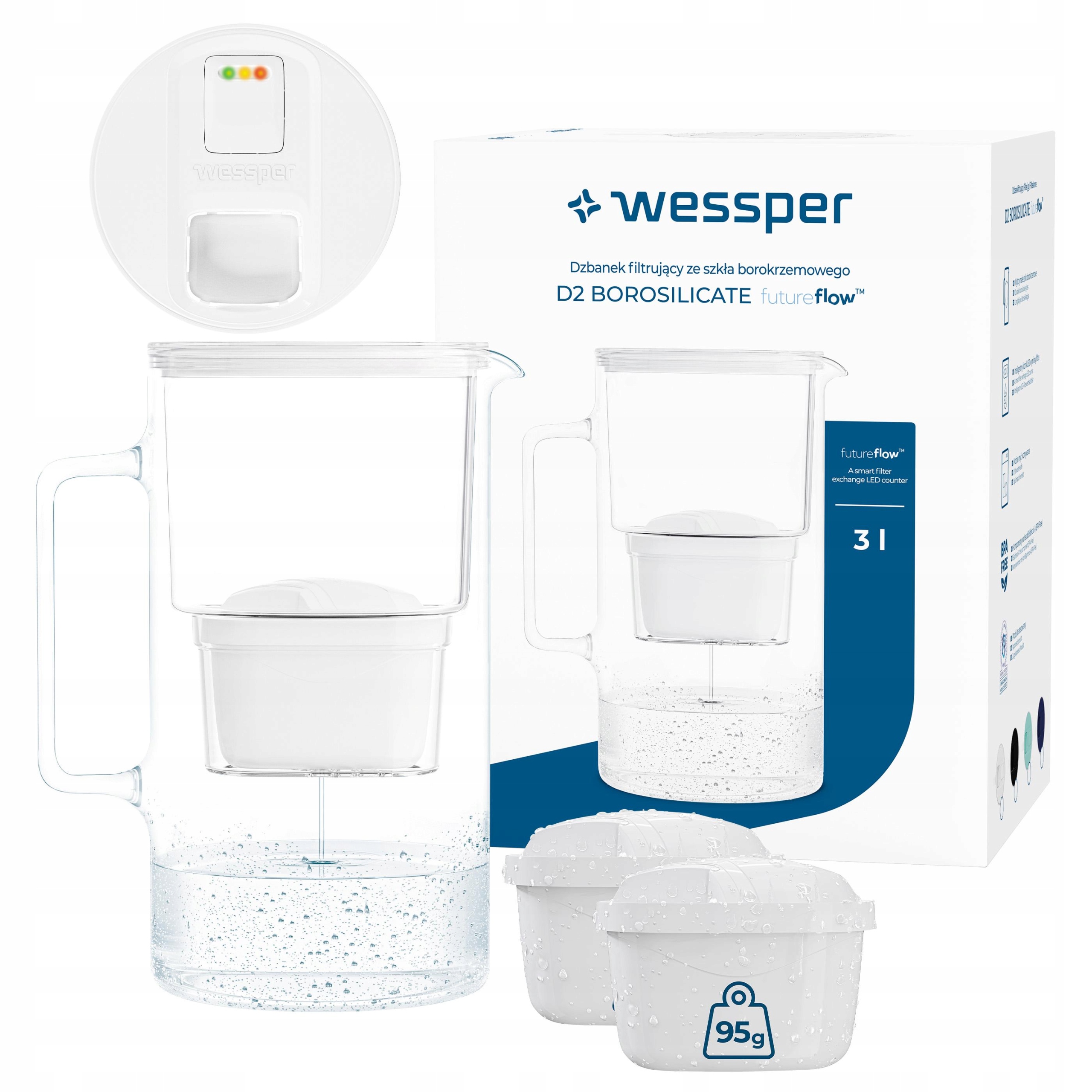 Dzbanek filtrujący szklany Wessper D2 Borosilicate Ff licznik Led 3 filtr