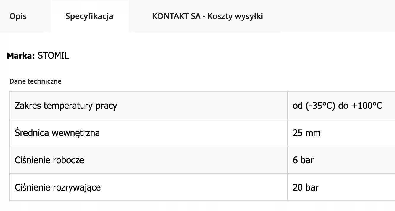 STOMIL Bydgoszcz Wąż do układu chłodzenia 0.6MPa średnica 25mm Marka Stomil