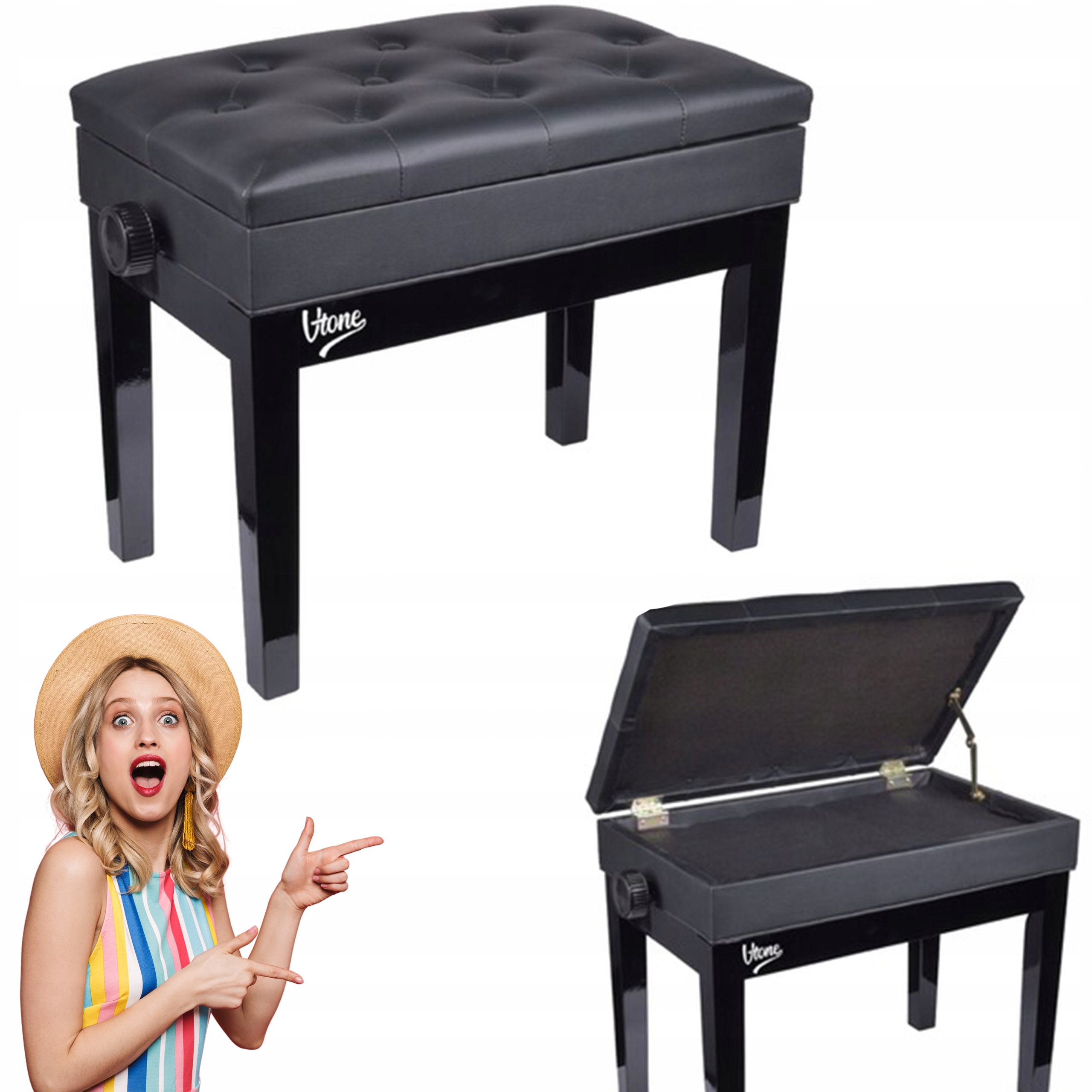 Klavírní Stolička Stolička Nastavitelná S Úložným Prostorem Černá Pohodlná Premium