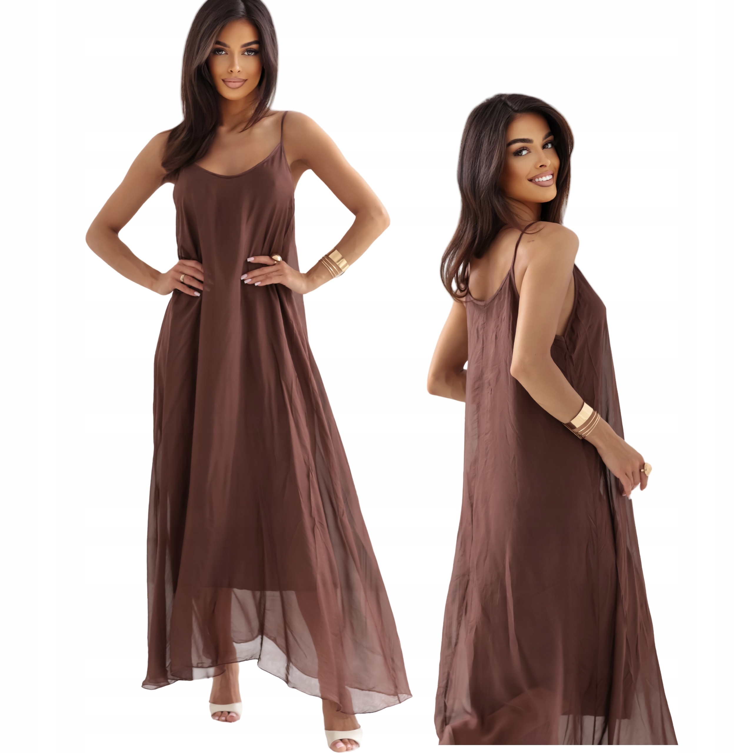 sukienka damska luźna ramiączka Slip jedwab czekoladowa Uni