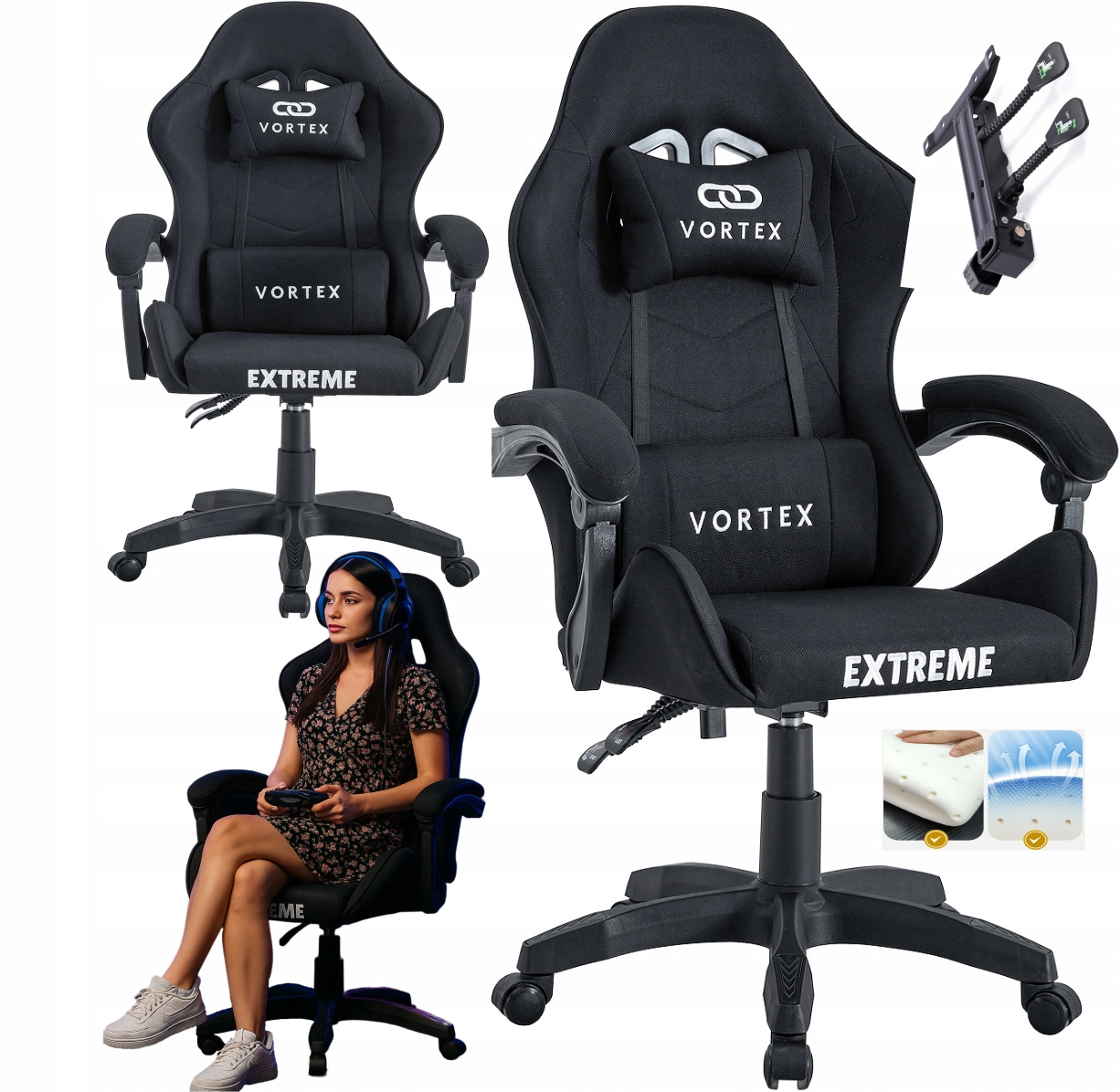 Fotel Gamingowy Extreme Vortex Materiałowy Czarny Obrotowy Do Biurka Gracza